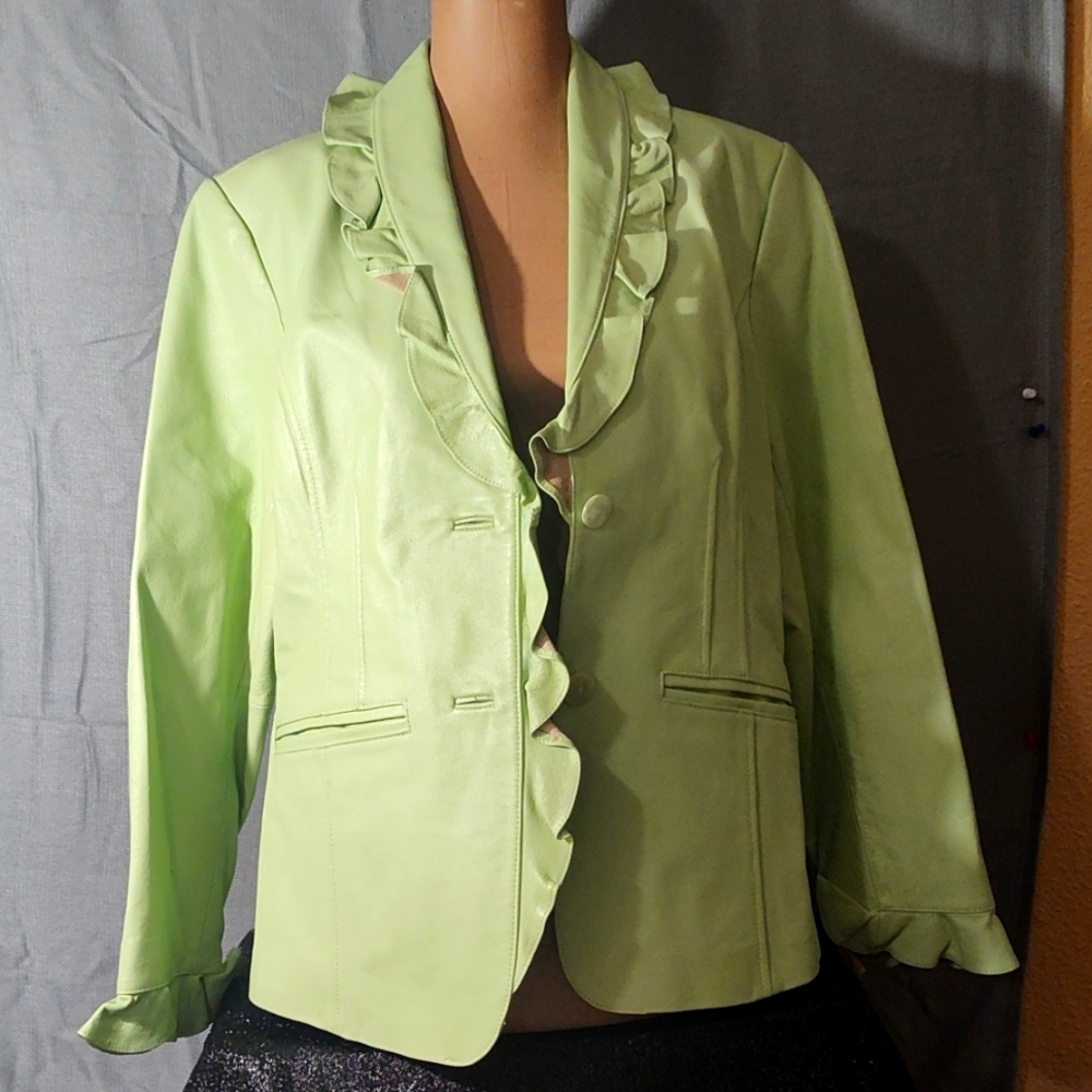 Terry Lewis Classic Luxuries Light Lime Green Ruffle-Trim Leather Jacket